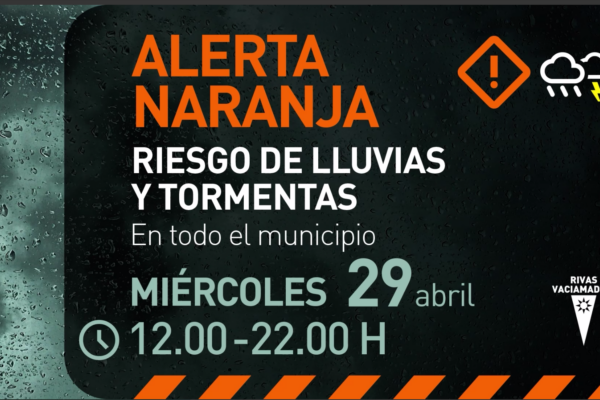 Activado el PLATERIVAS ante la alerta naranja por fuertes lluvias y tormentas para el 29 de abril