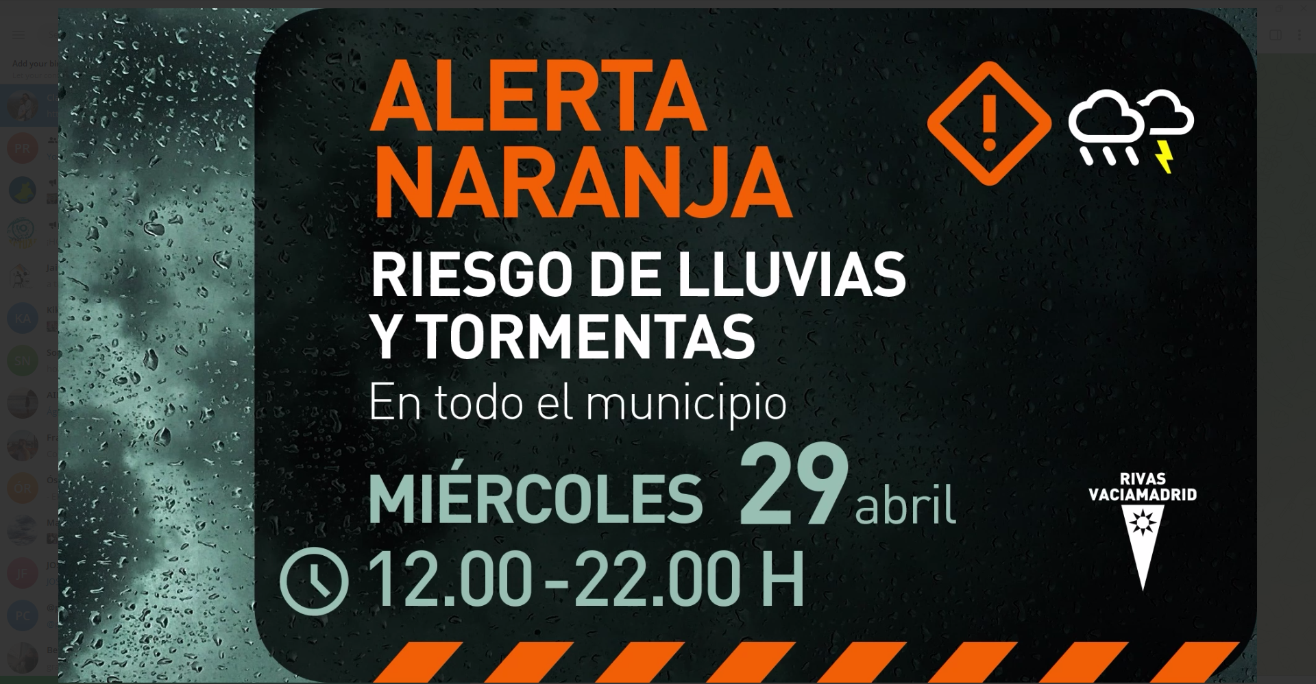 Activado el PLATERIVAS ante la alerta naranja por fuertes lluvias y tormentas para el 29 de abril